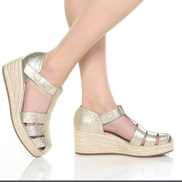 NWOB Eileen Fisher Tilly Gold Jute Espadrille Wedge Sandals Size 8.5 - Picture 2 of 7